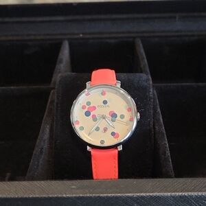Fossil Watch with Bright Orange Strap and Multicolor Dots